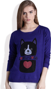Kook N Keech Printed Round Neck Casual Women Blue Sweater