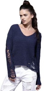 Roadster Self Design Scoop Neck Casual Women Blue Sweater