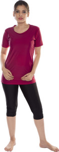 Carrel Round Neck T shirt & Capri Swimwear Set Solid Women's Swimsuit