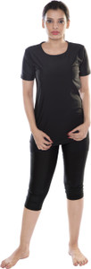 Carrel Round Neck T shirt & Capri Swimwear Set Solid Women's Swimsuit