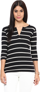 Hypernation Striped Women's V-neck White, Black T-Shirt