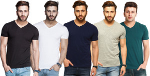 Tripr Solid Men's V-neck Multicolor T-Shirt