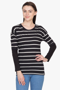 Hypernation Striped Women's Round Neck Black, White T-Shirt