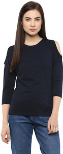 Hypernation Solid Women's Round Neck Dark Blue T-Shirt