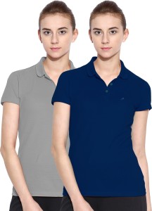 Polo Nation Solid Women's Polo Neck Blue, Grey T-Shirt