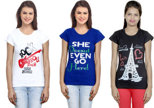 IndiStar Printed Women's Round Neck White, Blue, Black T-Shirt