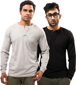 Unisopent Designs Solid Men's Henley Grey, Black T-Shirt
