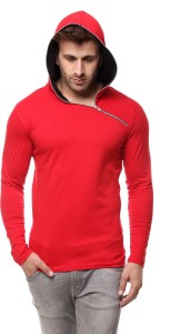 Gritstones Solid Men's Hooded Black, Red T-Shirt