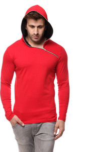 Gritstones Solid Men's Hooded Black, Red T-Shirt