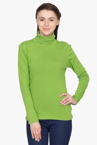 Hypernation Solid Women's Turtle Neck Green T-Shirt
