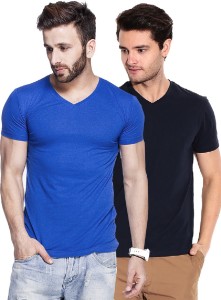 Tripr Solid Men's V-neck Multicolor, Dark Blue, Blue T-Shirt