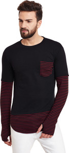 Hypernation Striped, Solid Men's Round Neck Black, Red T-Shirt