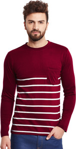 Hypernation Striped Men's Round Neck Maroon, White T-Shirt