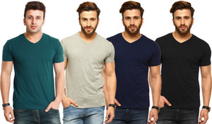 Tripr Solid Men's V-neck Green, Grey, Black, Blue T-Shirt