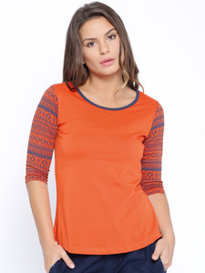 Cult Fiction Solid Women's Scoop Neck Orange T-Shirt
