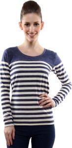 Miss Chase Casual Full Sleeve Striped Women's Dark Blue Top