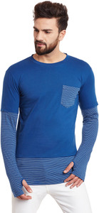 Hypernation Striped, Solid Men's Round Neck Blue, White T-Shirt