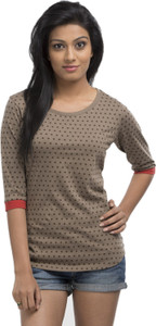 Cult Fiction Polka Print Women's Fashion Neck Brown T-Shirt