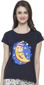 Clovia Printed Women's Round Neck Blue T-Shirt