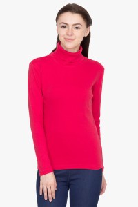 Hypernation Solid Women's Turtle Neck Red T-Shirt