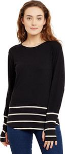 Hypernation Solid, Striped Women's Round Neck Black, White T-Shirt