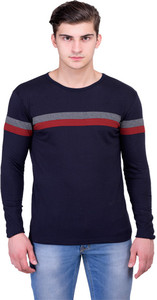 Unisopent Designs Striped Men's Round Neck Dark Blue T-Shirt