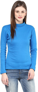 Hypernation Solid Women's Turtle Neck Blue T-Shirt