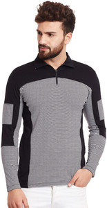 Hypernation Striped, Solid Men's Polo Neck Black, White T-Shirt