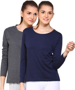 Ap'pulse Solid Women's Round Neck Grey, Dark Blue T-Shirt