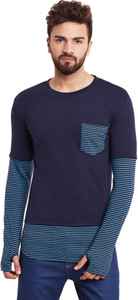 Hypernation Striped, Solid Men's Round Neck Dark Blue, Light Blue T-Shirt