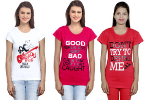 IndiStar Printed Women's Round Neck White, Pink, Red T-Shirt