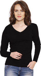 Vea Kupia Solid Women's V-neck Black T-Shirt