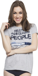 Clovia Printed Women's Round Neck Grey T-Shirt