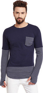 Hypernation Striped, Solid Men's Round Neck Blue, White T-Shirt