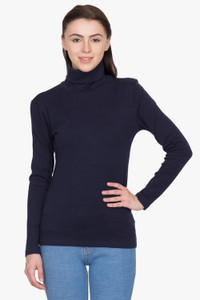 Hypernation Solid Women's Turtle Neck Dark Blue T-Shirt