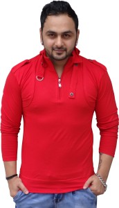 Black Collection Solid Men's Flap Collar Neck Red T-Shirt