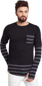Hypernation Striped, Solid Men's Round Neck Black, Grey T-Shirt