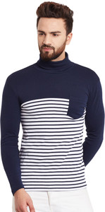 Hypernation Striped Men's Turtle Neck Blue, White T-Shirt
