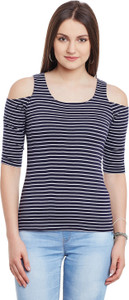 Hypernation Striped Women's Round Neck Dark Blue, White T-Shirt