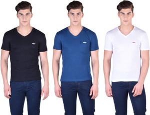 Force Nxt Solid Men's V-neck Black, White, Dark Blue T-Shirt