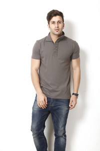 Gritstones Solid Men's Polo Neck Grey T-Shirt