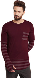 Hypernation Striped, Solid Men's Round Neck Maroon T-Shirt