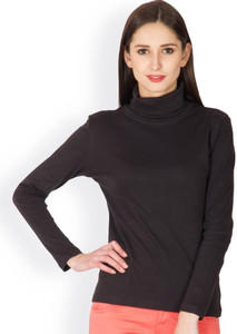 Hypernation Solid Women's Turtle Neck Black T-Shirt