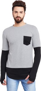 Hypernation Solid Men's Round Neck Grey, Black T-Shirt