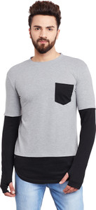 Hypernation Solid Men's Round Neck Grey, Black T-Shirt