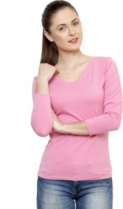 Alba Solid Women's V-neck Pink T-Shirt