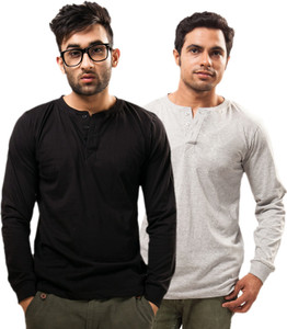Unisopent Designs Solid Men's Henley Black, Grey T-Shirt