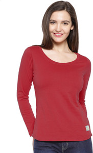 Cult Fiction Solid Women's Scoop Neck Maroon T-Shirt