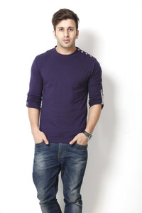 Gritstones Solid Men's Round Neck Dark Blue T-Shirt