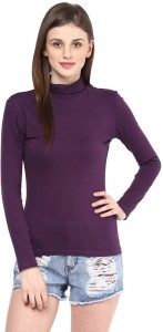 Hypernation Solid Women's Turtle Neck Purple T-Shirt
